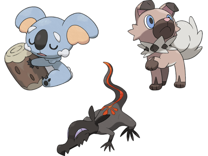 Komala is a Normal-type that can only fall asleep, Salandit is a Poison/Fire-type, and the cute dog is Rockruff, a Rock-type.