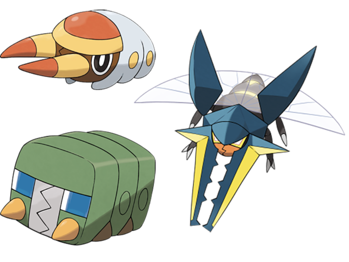 Grubbin, a Bug-type, evolves into Charjabug who then turns into Vikavolt, both of which are also part Electric-type.