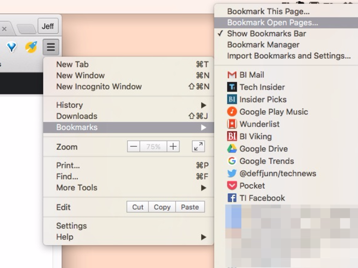 Use the “Bookmark Open Pages…” option to save your current browsing session for future reference.
