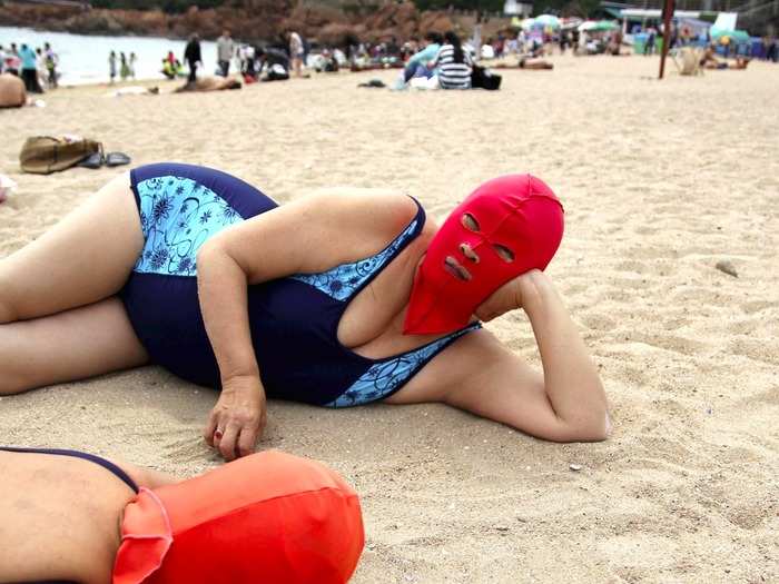 The head socks also prevent jellyfish stings and protect from algae, which is prevalent in China’s Shandong province.