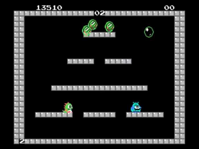 In "Bubble Bobble," try to trap your enemies with bubbles by yourself or with a friend in this arcade classic.