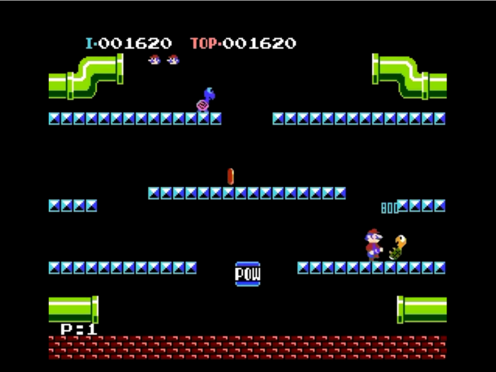 Navigate the sewers and use POW Blocks to take care of turtles in "Mario Bros.," the arcade predecessor to "Super Mario Bros."