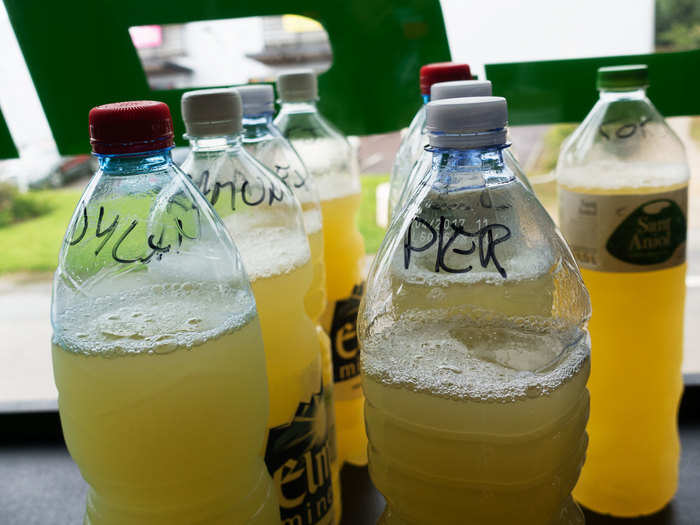 In addition to the diluted pineapple juice, seen here, if a rider is still dehydrated Mitchell will give him an extra liter of water with electrolytes. The electrolytes come in tablet form and are tossed into water, like Alka-Seltzer. They add flavor and a bit of salt.