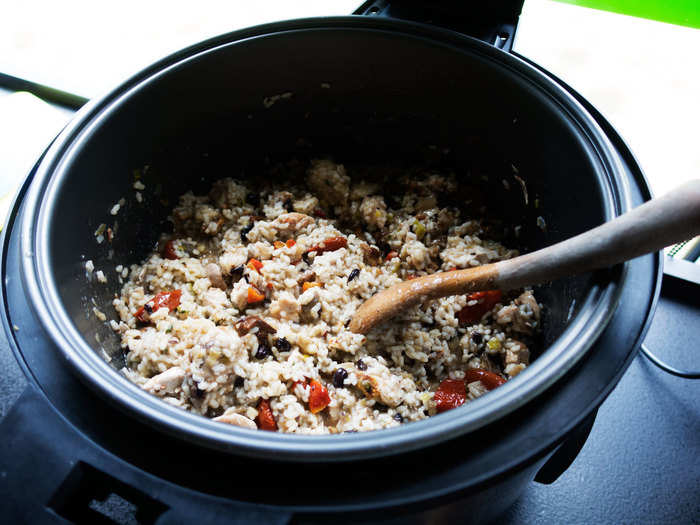 This postrace meal included chicken, rice, peppers, and garlic.