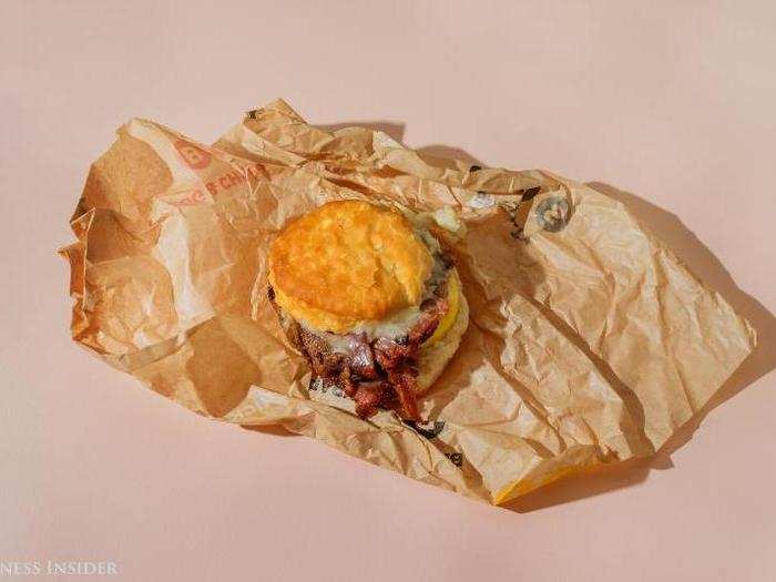 The brisket, egg, and cheese biscuit, made with Arby