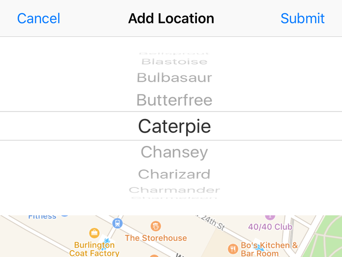 Then select the Pokémon you found. The app will automatically drop it at your location on the map.