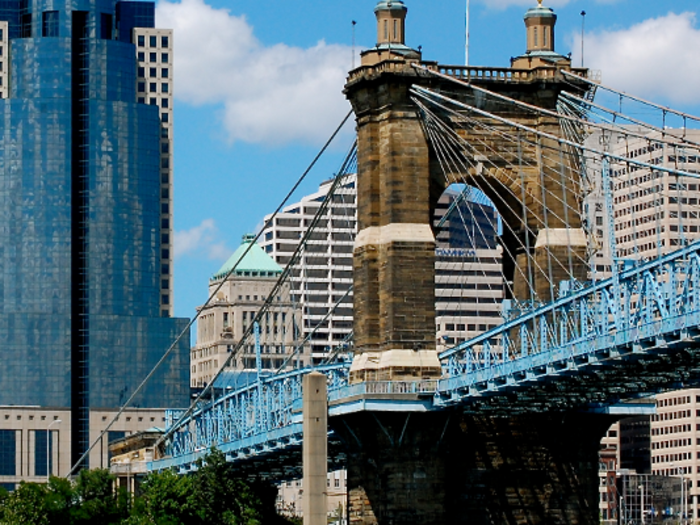 Built in 1866, The John A. Roebling Suspension Bridge is one of the oldest in the America. It connects Cincinnati, Ohio and Covington, Kentucky.