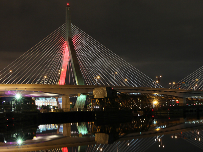 The Zakim Bridge connects Boston over the Charles River. The cable-stayed bridge