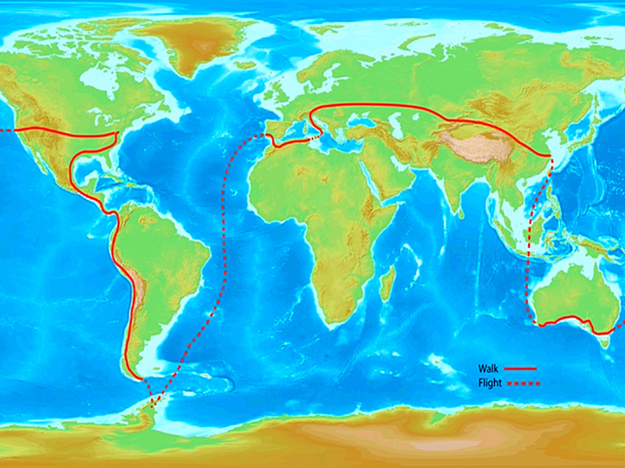 Their route touches all seven continents — yes, even Antarctica. If all goes according to plan, the trip will take five years.