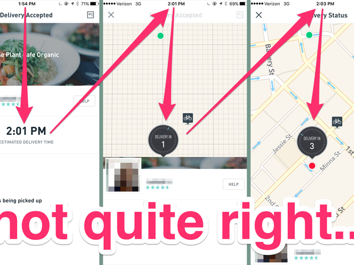Like Uber, Postmates will get very specific on timing once your delivery person gets close, but in this case the estimate kept hopping backwards or staying the same even as the minutes crept by.