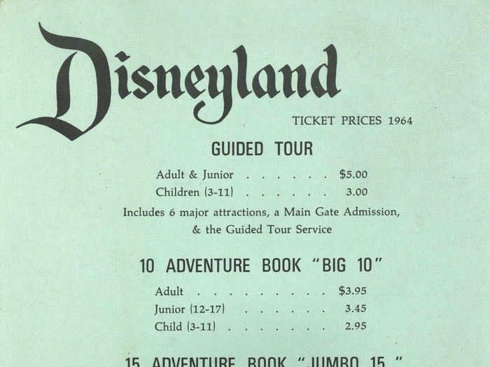 When Disneyland first opened, it charged an entrance fee and an additional fee per ride. Starting in 1956, guests could instead purchase a booklet of tickets for different attractions. The prices pictured are from 1964.