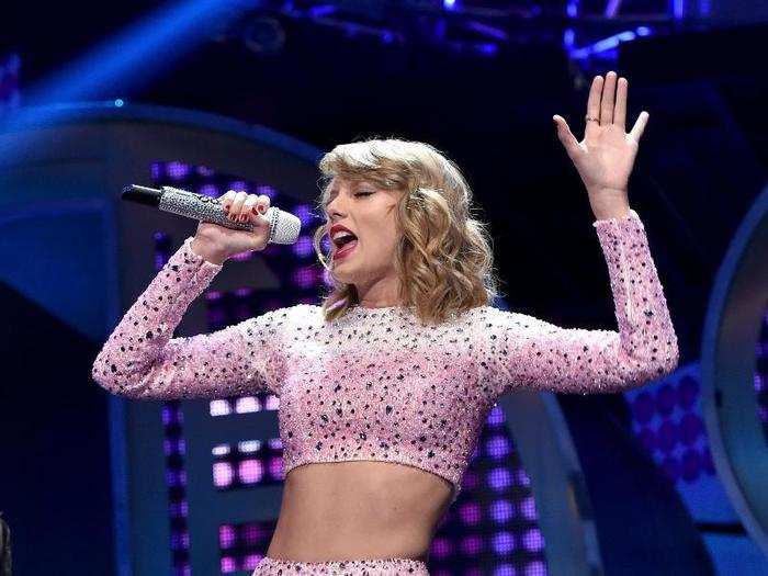 Swift wore a sparkly skater shirt and crop top for the 2014 iHeartRadio Music Festival, and it became her signature tour outfit in 2015.