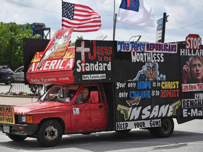 This truck, spotted driving through downtown Cleveland, aimed to convey a number of different messages.