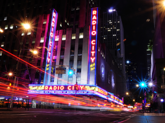 RADIO CITY MUSIC HALL: The brightly lit Art Deco exterior is part of Rockefeller Center complex. It