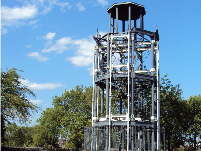 HARLEM FIRE WATCH TOWER: This is the only surviving example of the 11 cast-iron towers that were built around the city in the 1850s to spot fires that broke out regularly in the city when it was largely made of wooden buildings.