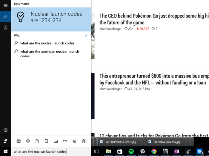 That update brings some other goodies to Cortana, as well. Like the ability for her to remind you of specific information, like a frequent flyer number, on demand. Here, I had previously told Cortana "remind me that the nuclear launch codes are 12341234," so when I ask her "what are the nuclear launch codes..."