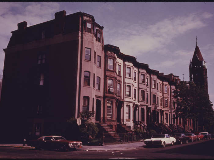 Block of brownstone residences in Park Slope, Brooklyn.