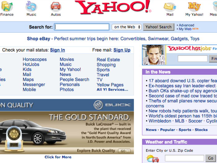 2005 was a busy year. Yahoo acquired five companies and made its fateful investment in Chinese ecommerce Alibaba, which would buoy its stock significantly down the line. Its site got a new look too.