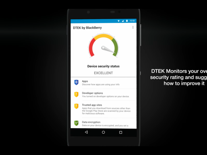 As with the Priv, the DTEK50 runs a take on Android 6.0 Marshmallow that doesn’t look terribly different from the stock version, but adds a few BlackBerry-made modifications. Most of those are related to security, like the DTEK app.