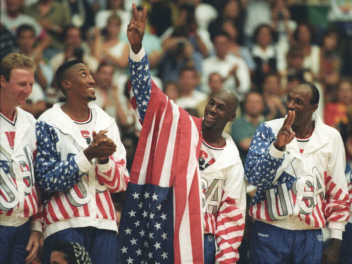 The "Dream Team" celebrates their victory at the 1992 Summer Olympics in Barcelona.