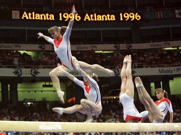 Romanian gymnast Lavinia Milosovici competes at the 1996 Games.