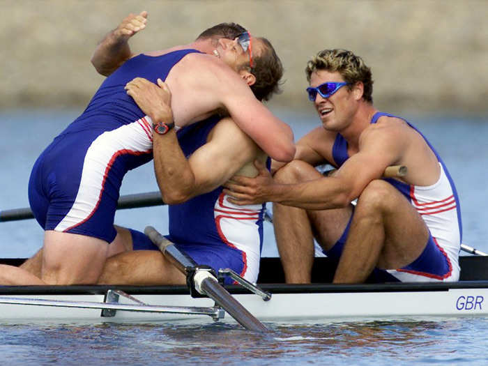 The British rowing team celebrates a close victory at the 2000 Summer Olympics.