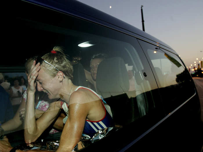 British long distance runner Paula Radcliffe weeps after dropping out seven kilometers before the finish of a 42 kilometer race during the 2004 Olympics.