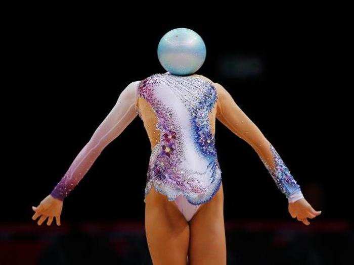 An athlete performs at the individual all-around rhythmic gymnastics final at the London Summer Games.