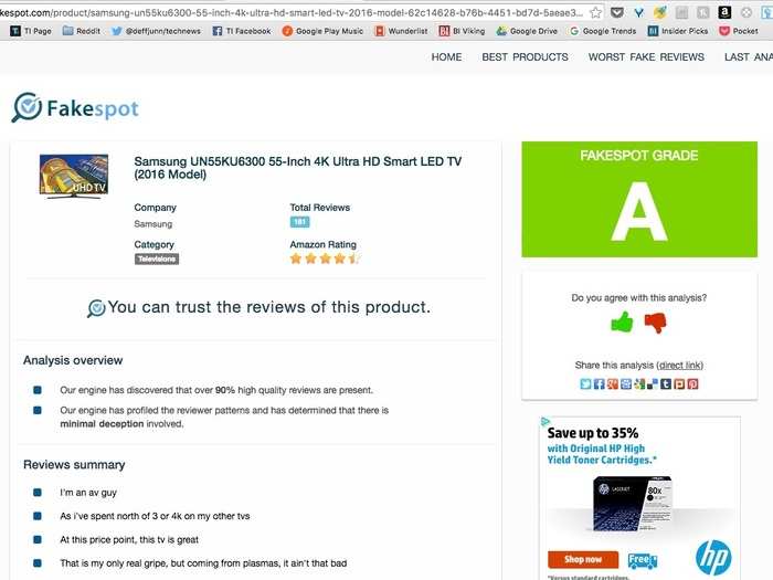 Fakespot evaluates the authenticity of a product’s user reviews.