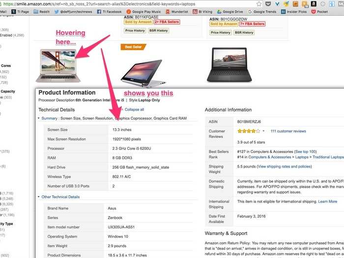 DS Amazon Quick View lets you see a product’s specs and details without clicking on the page.