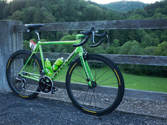 The bike costs $12,000, but the custom paint job is extra. The team rode Mavic Cosmic Ultimate wheels.