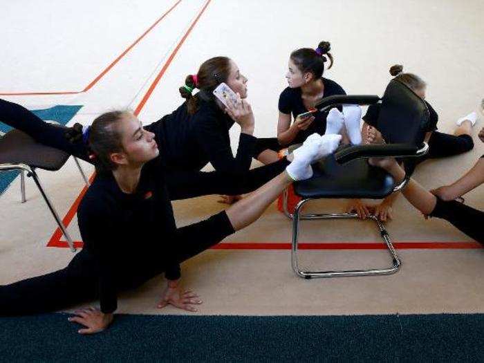 The Belarusian rhythmic gymnastics team, pictured here, will be going for gold as a group. (In both the Beijing and London Olympics, the Belarus team won bronze.)