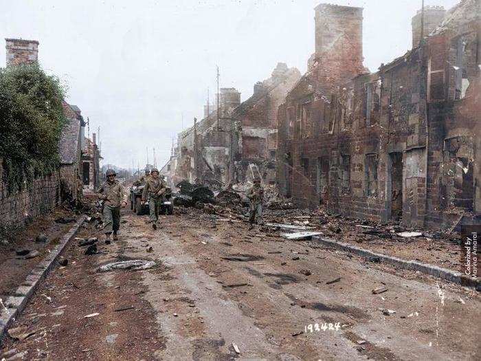 This 1944 photos shows US troops on a patrol in France.