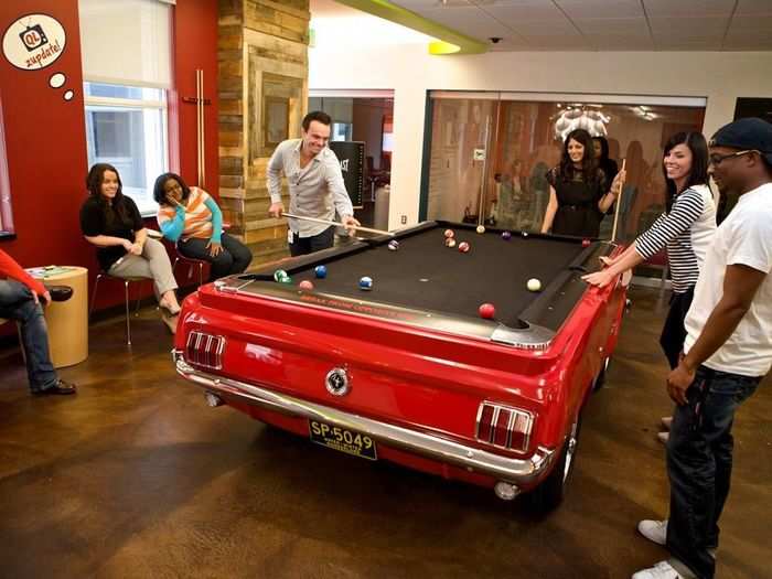 Quicken Loans, headquartered in Detroit, gives employees ample ways to decompress — including a pool table built to look like a Ford Mustang, a basketball court, and in-office scooters.