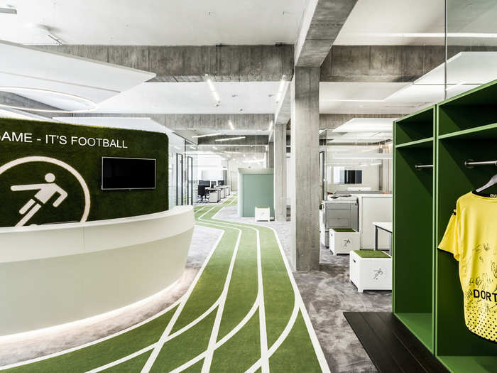 Broadcasting service Onefootball takes its sport seriously. A winding track snakes through the office, culminating in a goal where employees can take penalty kicks during breaks.