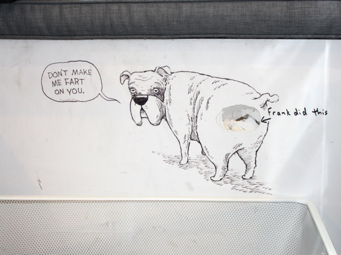 Hand-drawn doodles sprawl all over the walls of the office, depicting canine jokes and puns. Created by cartoonist Dave Coverly, the drawings sometimes incorporate real-life shenanigans. After a bulldog named Frank bulldozed into one of the walls, Bark & Co turned the damage into a memorable doodle.