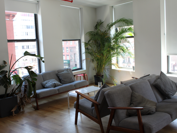 In place of a doggie playground, this floor features couches and tables where employees can gather for informal meetings or relax on their lunch breaks.