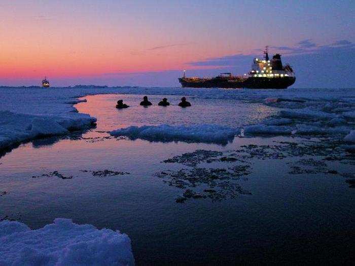 The Coast Guard keeps open fast-freezing shipping lanes in the Great Lakes as well. Here, crew members from the USGC Cutter Bristol Bay take a dip in Lake Erie at sunset, with a Canadian Coast Guard ship in the background. The two vessels created a path through the ice early in the day.