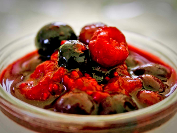 Rote grütze is a berry compote made from red currants and berries such as raspberries and strawberries. It