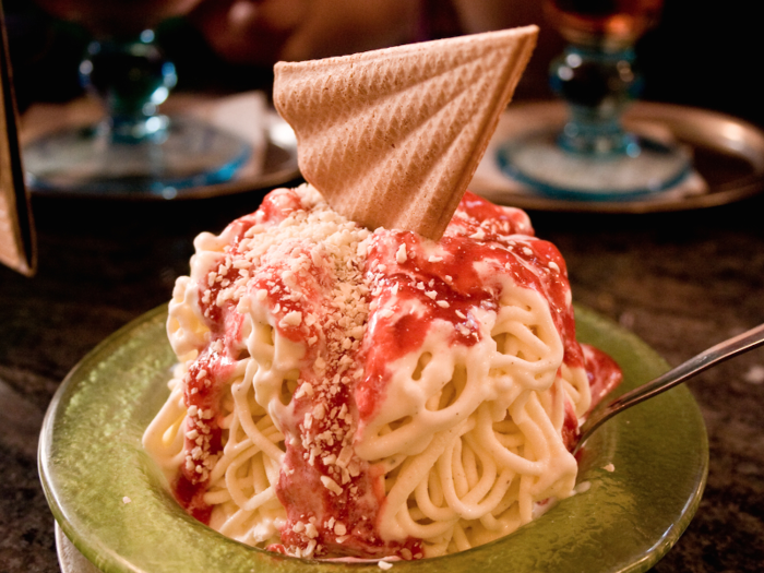 True to its name, spaghetti ice cream (spaghettieis) looks just like a plate of spaghetti with tomato sauce, but it