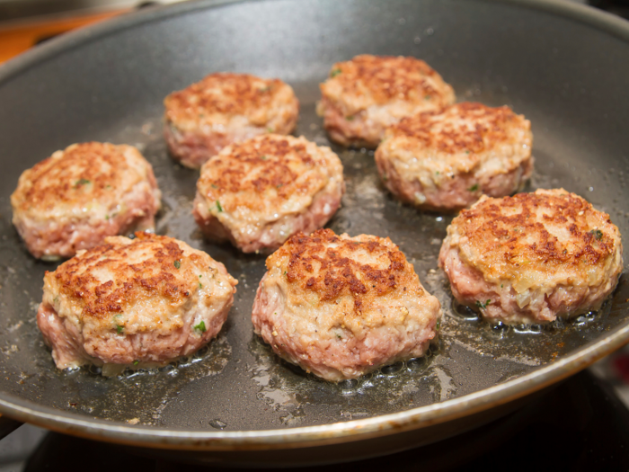 A kind of flat meatball, frikadellen are made of pork, beef, and onions. They