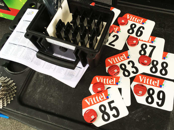 Race numbers at the Tour come with timing transponders that track each rider in real time.