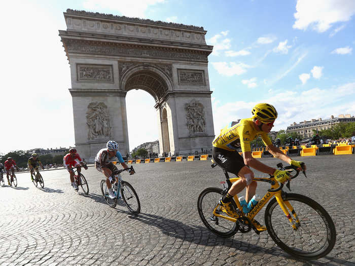 As is now customary, the race leader rode a custom-painted yellow bike into Paris.