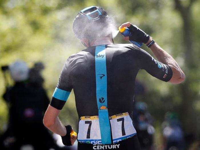 Sunny days called for sunscreen, which these days riders can spray on as they ride.