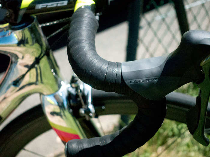 Alberto Contador prefers to have more grab and cushion on his handlebar, so he has his mechanics double-wrap his bars with two rolls of tape.