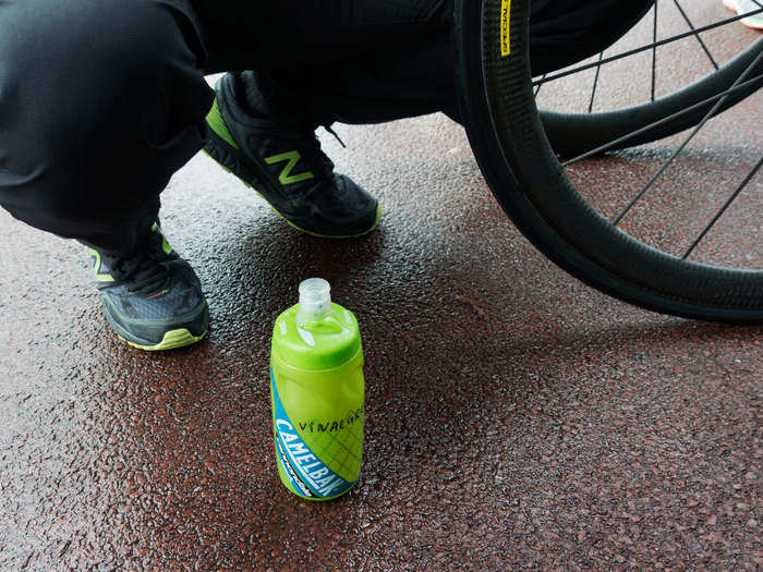 Water bottles are used for more than drinking: Cannondale-Drapac kept a bottle filled with vinegar on hand.