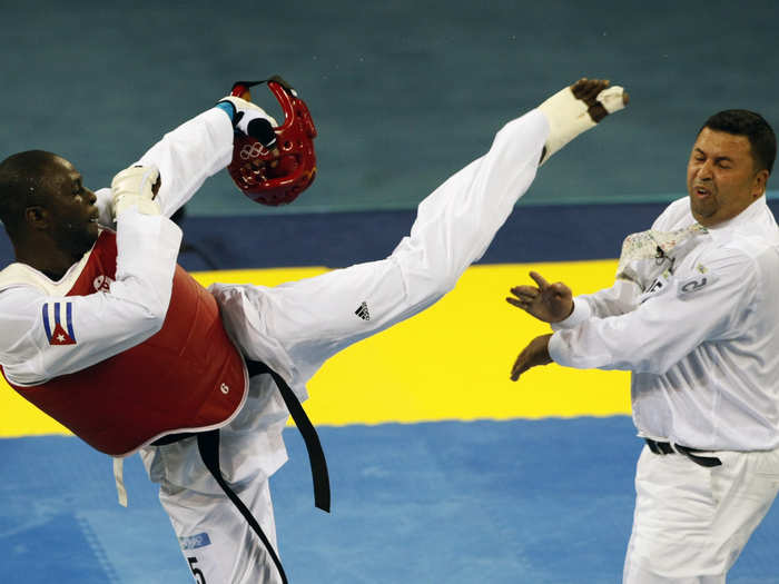 Angel Valodia Matos of Cuba kicked Swedish referee Chakir Chelbat in the face during his taekwondo bout against Arman Chilmanov of Kazakhstan at the Beijing 2008 Olympic Games. Matos was subsequently banned for life from taekwondo while his coach was also banned for behaviour that the official said was in "strong violation of the spirit of taekwondo and the Olympic Games."