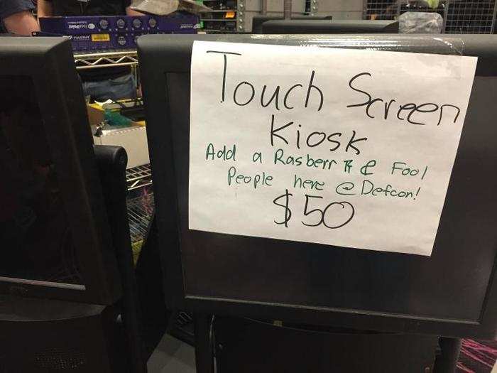 This sign offered up touch screen kiosks that a hacker could hook up to a Raspberry Pi, a cheap mini-computer. Something like a fake touch screen signup for a hotel rewards program could be thrown together, for instance.