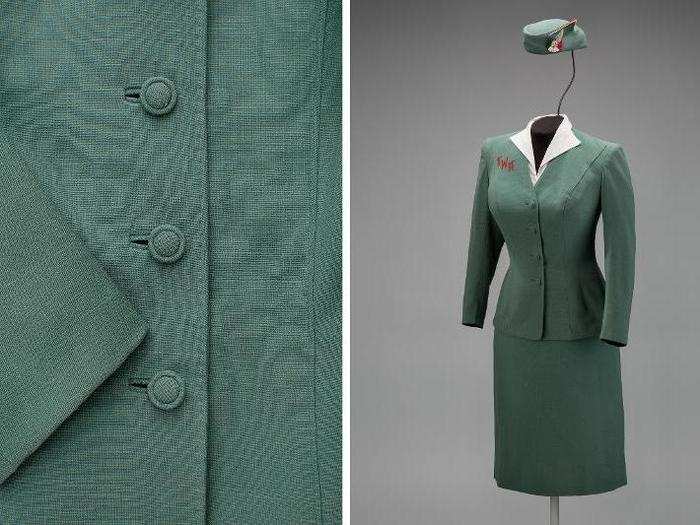 Trans World Airlines hostess uniform by Oleg Cassini, 1955. Cassini was known for being the official designer for Jacqueline Kennedy Onassis.