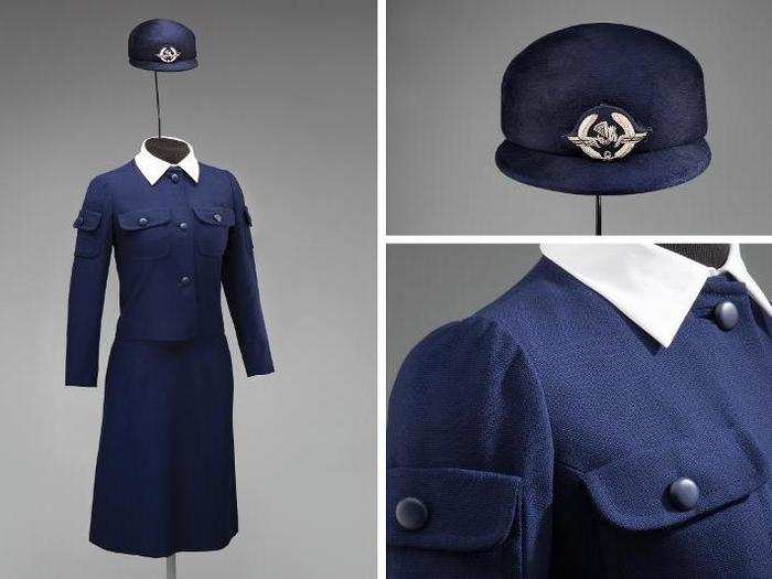 Air France stewardess uniform by Cristo´bal Balenciaga, 1969. Balenciaga created an entire Air France department within his Paris fashion house for the creation of this uniform, which was one of the last designs he created before passing away in 1972.